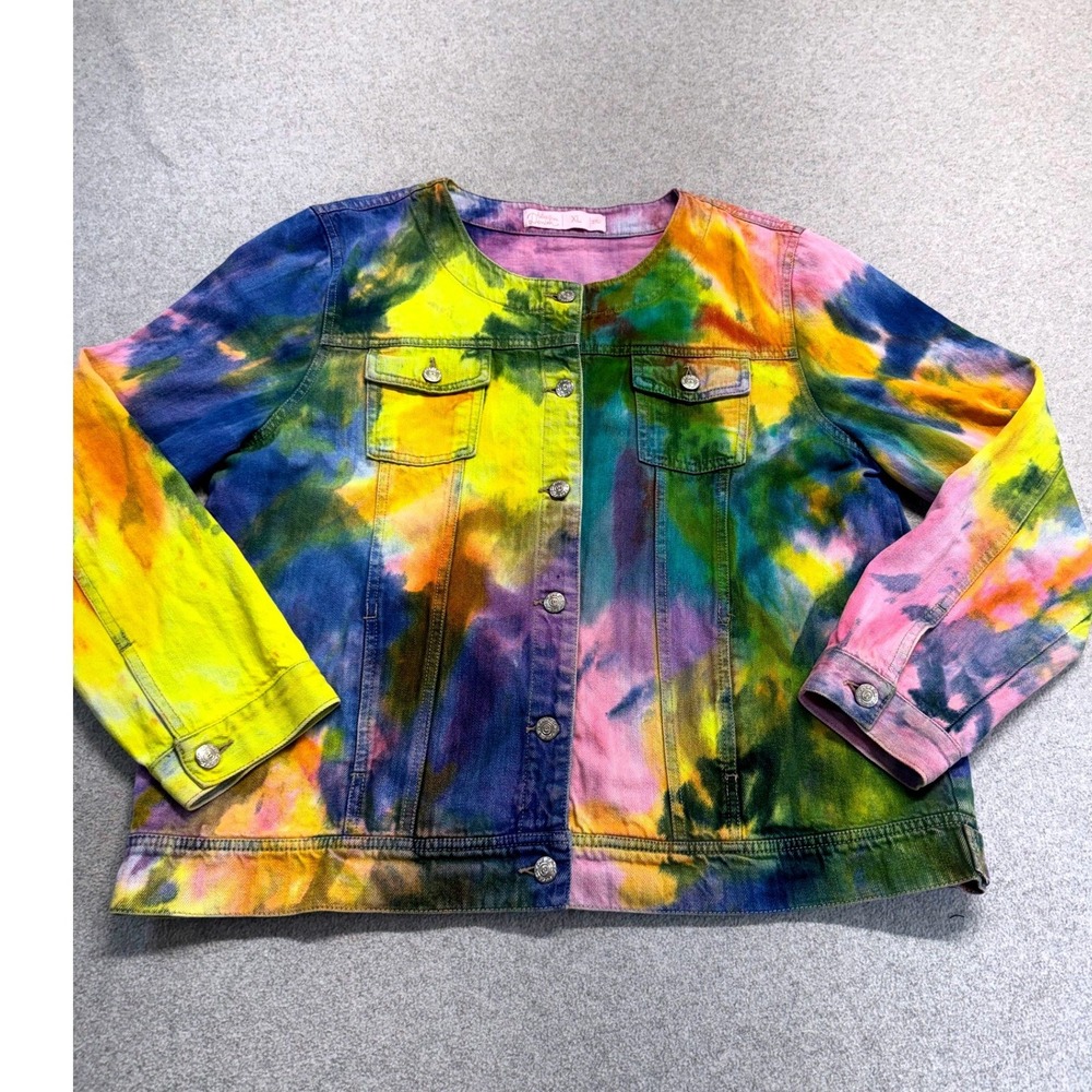 Blue Grae‎ Denim Jacket Womens XL Multicolor Tie Dye Collarless Button Front